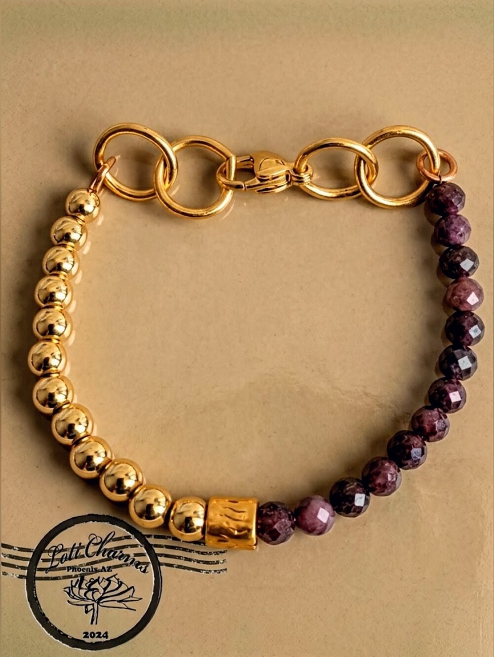 Natural Red & Pink Ruby & Gold Beads In Assymetrical Beaded Bracelet